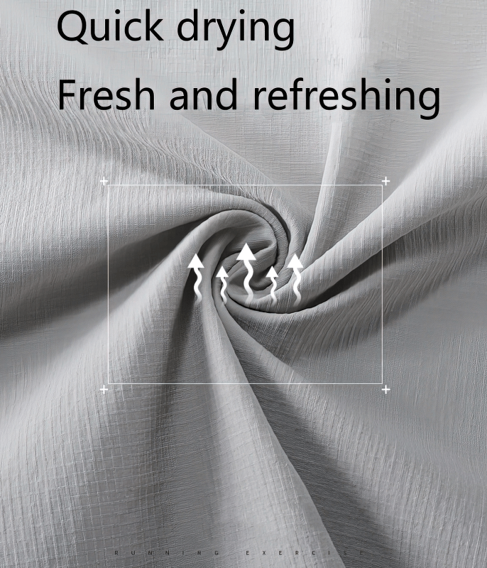 Close-up of quick-drying fabric with arrows showing airflow, highlighting fresh and refreshing qualities.